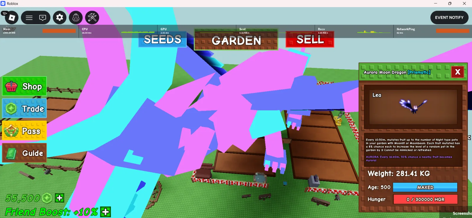 280+kg Aurora Moon Dragon Prismatic // super handsome // Age 500 MAXED // Aurora Fruit + Pet Level Passive//not FROST DRAGON// IT IS MOON DRAGON