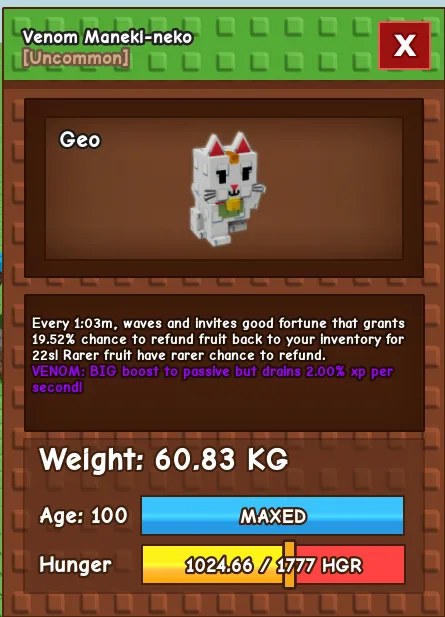 60kg+ Maneki-neko// ( 60kg+ at level 100, can go to 280kg+ at level 500 max)