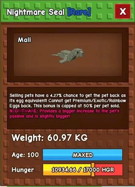 Pet - Rare - Nightmare Seal Huge 4.27 Chance No Toy 60.97KG / AGE 100
