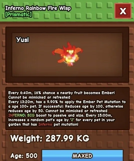 Inferno Rainbow Hatched RBH Fire Wisp Grow a garden (GAG). Digital pet. Fully boosted Age 500 GUARANTEED FAST DELIVERY