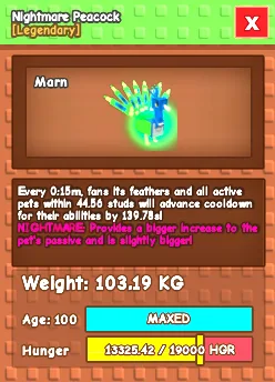 NIGHTMARE PEACOCK 103.19KG AGE 100 (MAX) 15 seconds cooldown — Account account