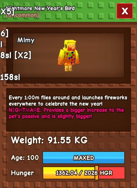 Godly Nightmare New Year Bird 91kg Max Level — Account account