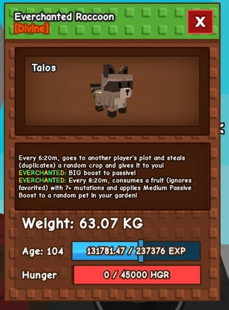 HUGE EVERCHANTED RACCOON 63.07KG LVL 104 SAFE AND FAST DELIVERY