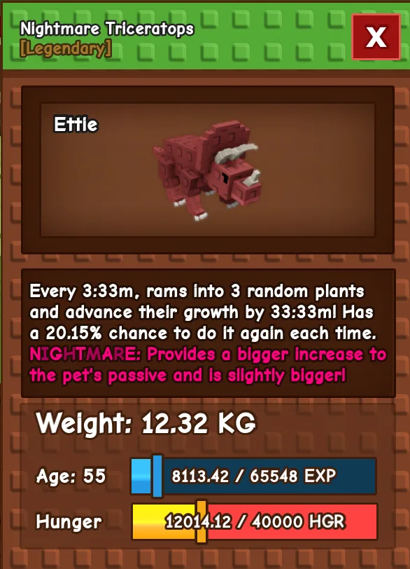 Nightmare Triceratops Legendary Weight: 12.32 KG AGE 55