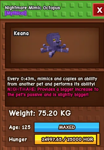 Nightmare Titan Huge Mimic Octopus 75kg+ Age 125 Maxed 43 sec CD No Toy — Account account