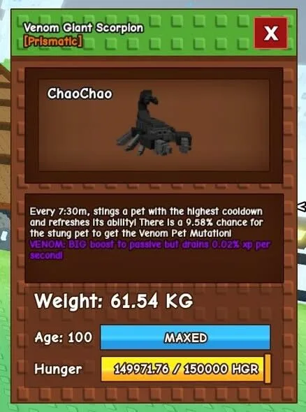 READY HUGE GIANT SCORPION 60/61 KG ( DLC PET) Grow A Garden