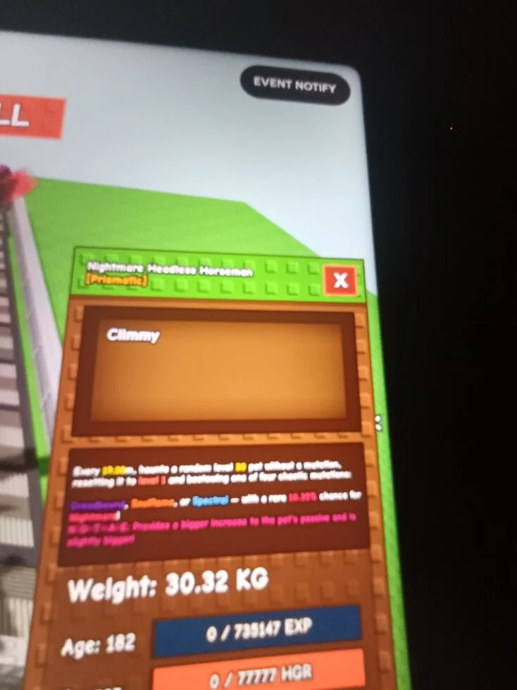Nightmare headless horsemen 30 kg age 182, 19.38 minutes cooldown
