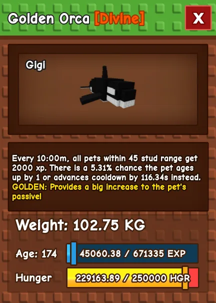 Golden Orca 100+ KG New Divine Pet