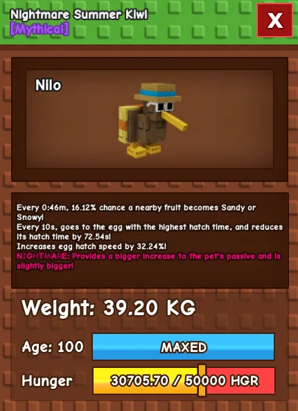 CHEAP 39kg Nightmare Summer kiwi 10 second cooldown! and 32 increase in egg hatching speed!! — Account account