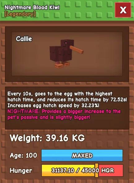 CHEAP 39kg Nightmare Blood Kiwi! 10s cooldown, reduces hatch speed by 72.52s! Fast Delivery — Account account