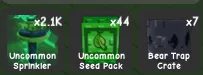 2.1k Uncommon sprinkler + 44x uncommon seed pack + 7x bear trap create Instant Delivery Safe Trade Grow a Garden 2 H2