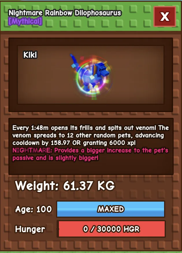 HUGE Rainbow Hatched Dilophosaurus 61 KG ++ NIGHTMARE MAX LEVEL 100 RBL Grow A Garden