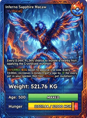 521.76KG INFERNO GIGANTIC SAPPHIRE MACAW I MAX 500 AGE l READY TO USE - 14 SEC MAX CD - NO TOY PET COLLECTIBLES LIMITED STOCK