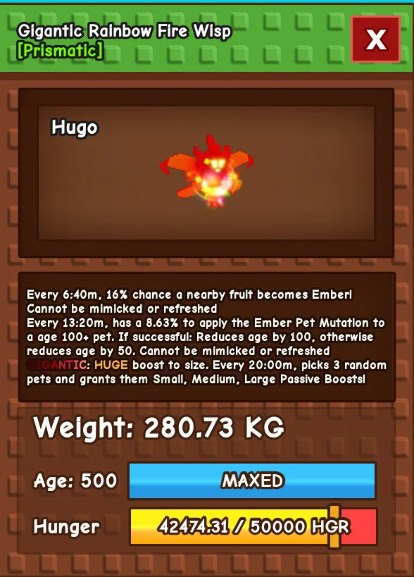 HUGE Rainbow Fire Wisp 280.73 KG Level 500 Gigantic Mutation — Account account