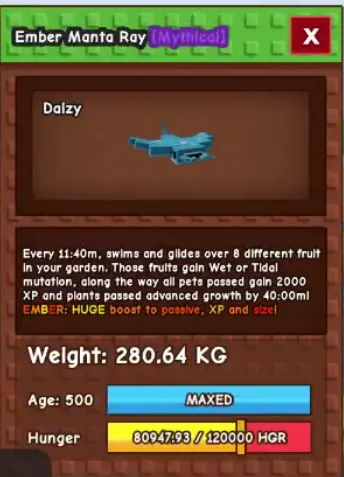 280KG+ Ember Manta Ray Mythical // super handsome // Age 500 Maxed // Wet/Tidal Fruit Boost + 2000 XP//not hydra//i run out of tag others limitation