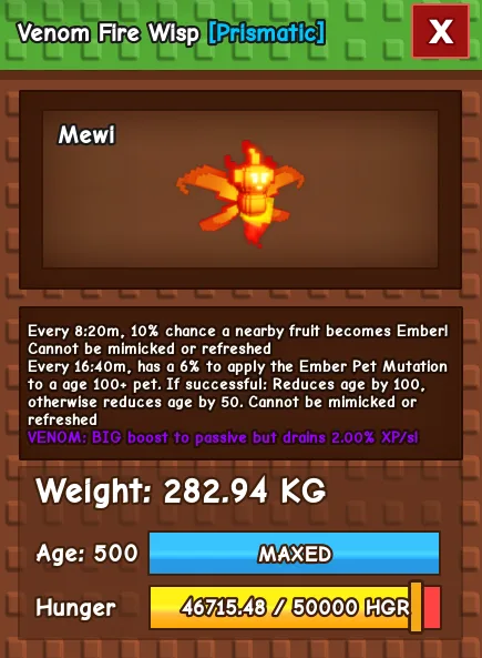 CHEAP Level 500 - Venom Fire Wisp! - Fast Delivery - 282.94kg !