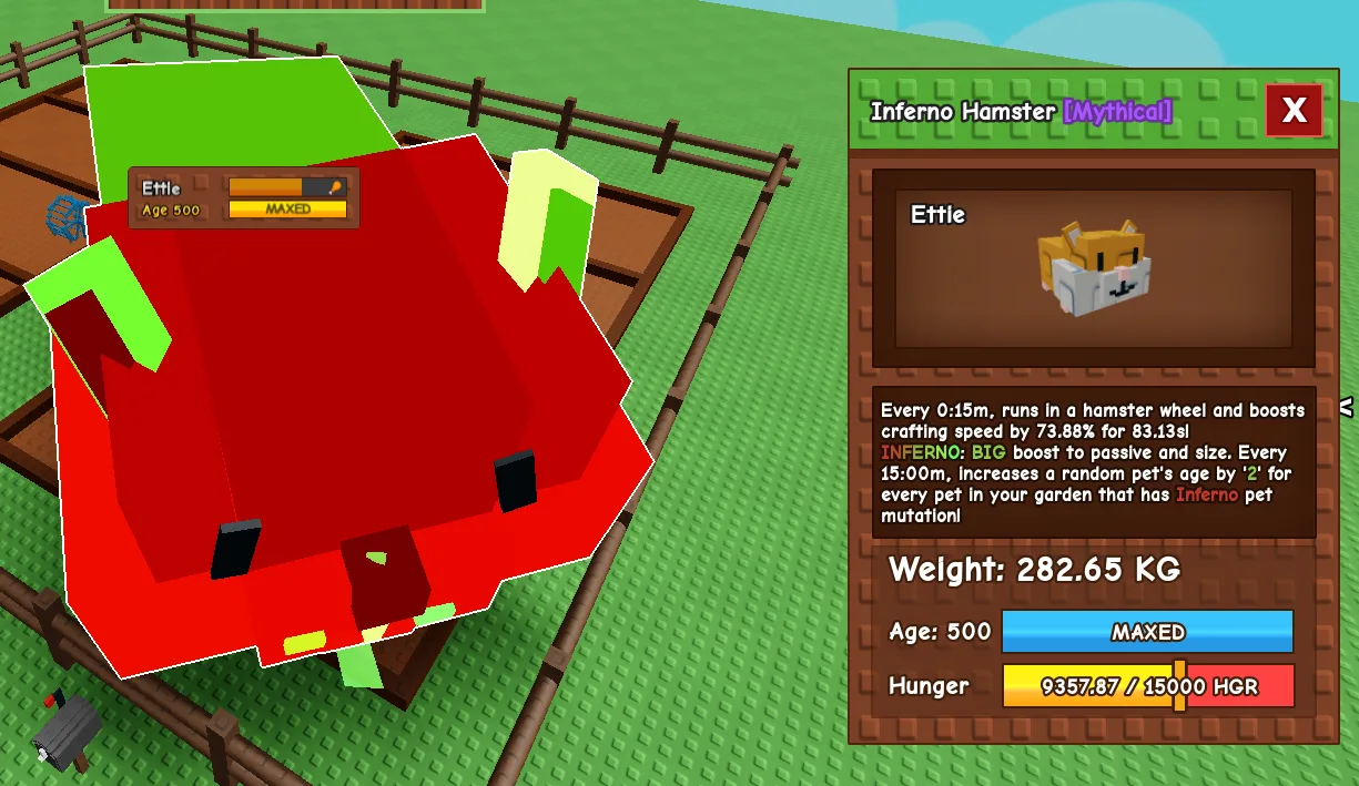 280KG+ Inferno Hamster Mythical // super handsome // Age 500 MAXED // Huge Crafting Speed Boost//not kitusne//i run out of tag othes limitation//15s