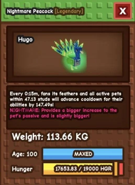 Godly / Titanic / Huge NIGHTMARE Peacock - 113.66 KG (Age 100) 0:15m cooldown — Account account