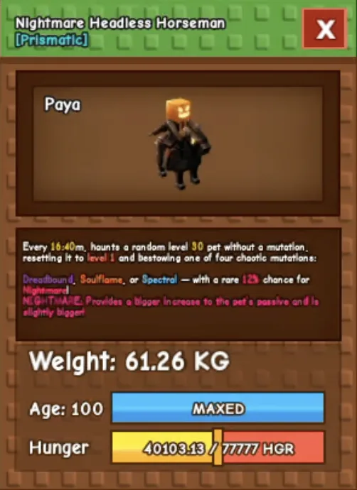 HUGE HEADLESS HORSEMAN 60 KG ++ NIGHTMARE MAX LEVEL 100 RBL Grow A Garden — Account account