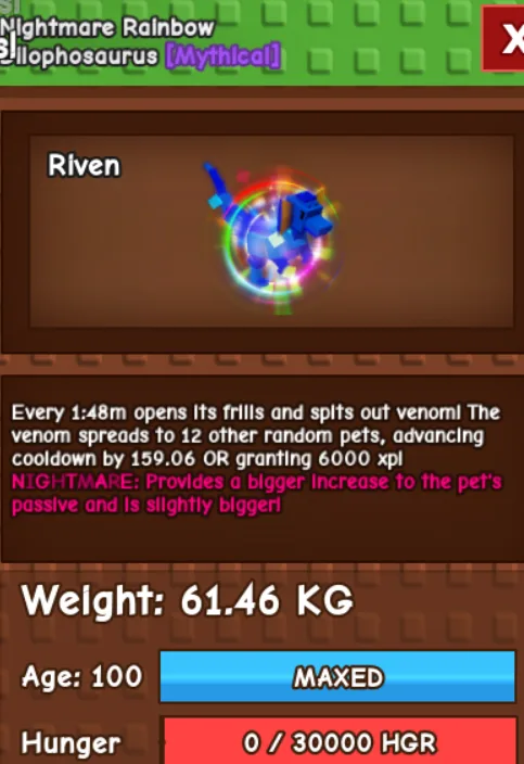 Nightmare Rainbow Dilo Dilophosaurus Hatched 61.46Kg 100Age Fast Delivery