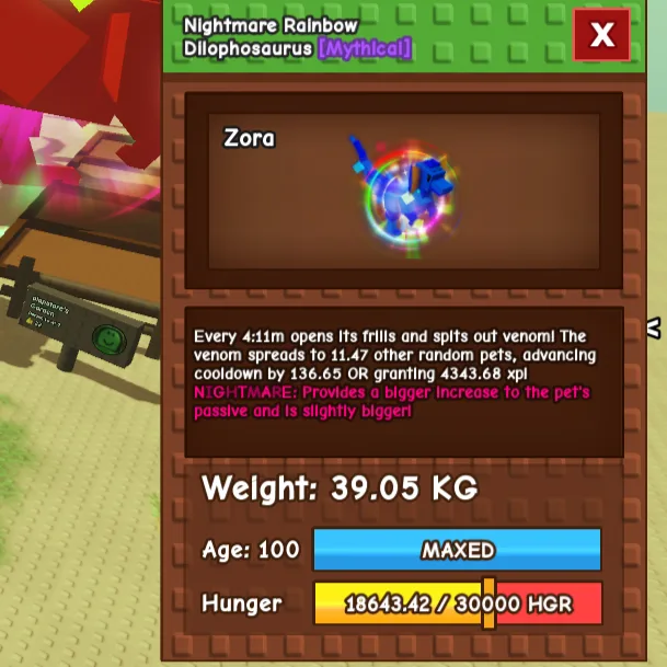 Nightmare Rainbow Hatched Dilophosaurus 39 KG++ Cooldown 4 min Age: 100 (Maxed) INSTANT DELIVERY