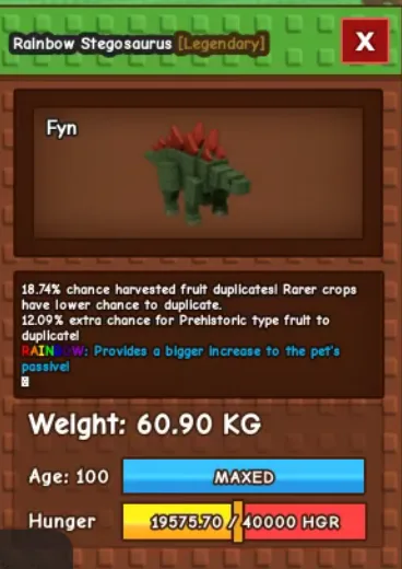 60kg+ RAINBOW STEGOSAURUS super handsome ( 60kg+ at level 100, can go to 280kg+ at level 500 max)