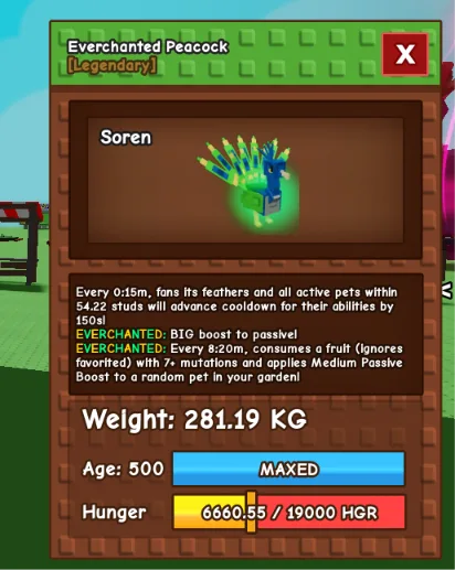Level 500 Max Everchanted Peacock 281KG (good for age level up to max) — Account account