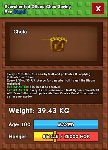 Everchanted Gilded Choc Spring Bee 39.43kg Huge Bloom Mutation Pet Applies Toys to pets Too Like Reaper - Chala (EP)