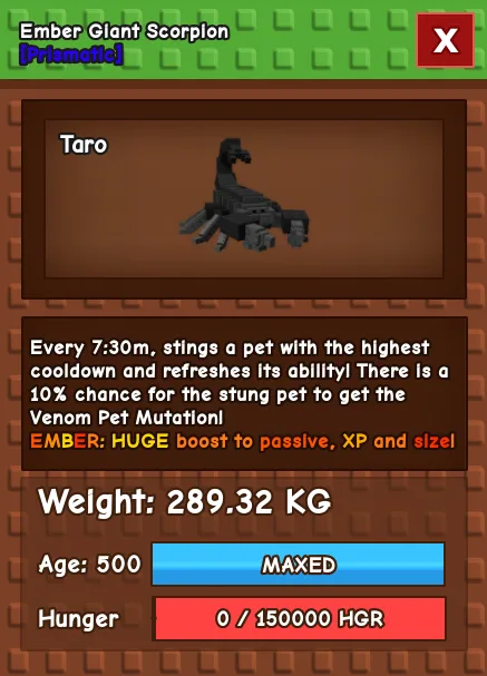 Ember Giant Scorpion - 289.32kg & 500 Age
