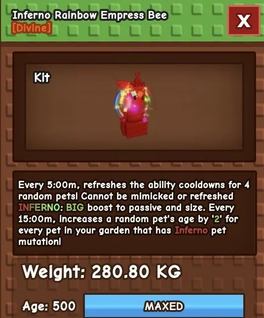 Inferno Rainbow Hatched RBH Empress Bee Grow a garden (GAG). Digital pet. Fully boosted Age 500 GUARANTEED FAST DELIVERY