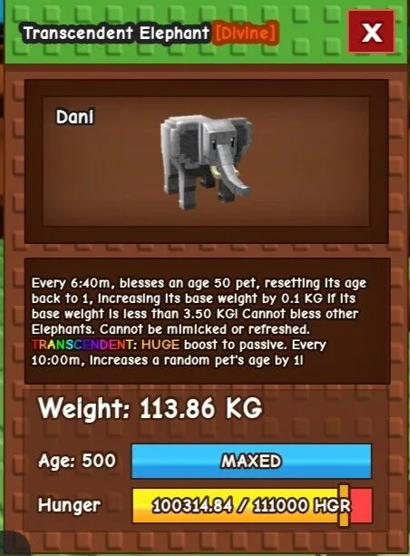 TRANSCENDENT Elephant 113+Kg Age 500 Max Level