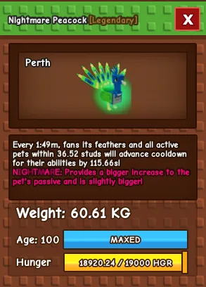 NIGHTMARE PEACOCK 60.61 KG AGE 100 (MAX) 1 minute 49 seconds cooldown — Account account