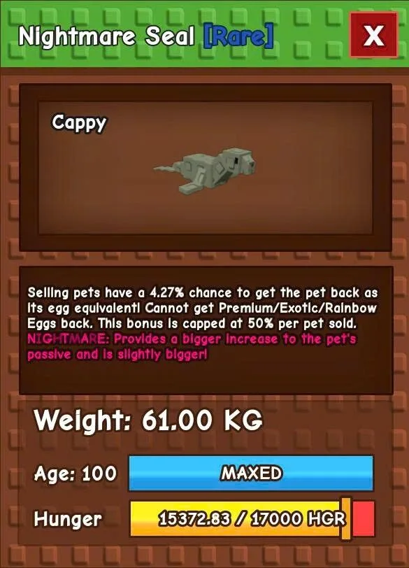 Pet - Rare - Nightmare Seal Huge 4.27 Chance No Toy 61.00KG / AGE 100