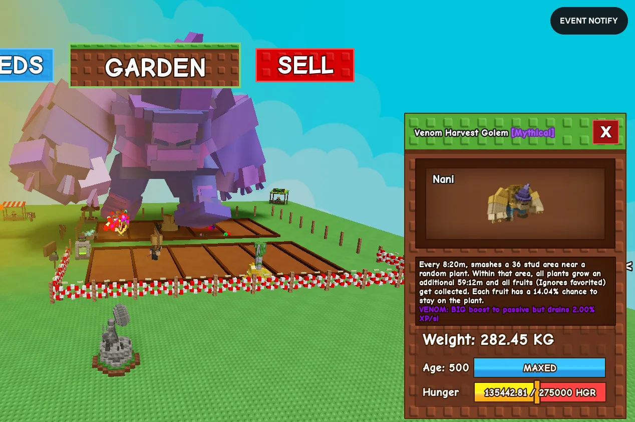 280+KG Venom Harvest Golem Mythical // super handsome // Age 500 Maxed // Strong Passive // Farm Boost//not ice golem//it is venom harvest golem