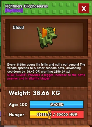 38-39KG NIGHTMARE DILOPHOSAURUS Cooldown 5 minutes Age 100 (Max) — Account account