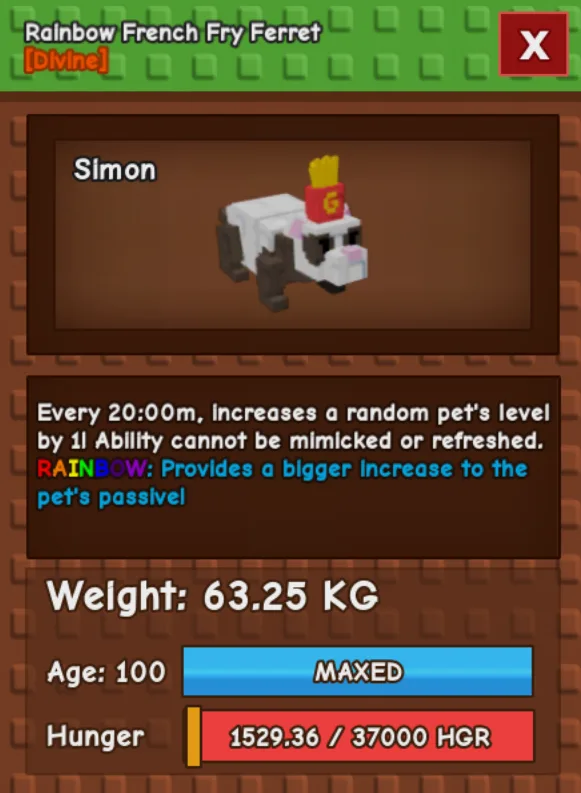 Huge RAINBOW French Fry Ferret - 63.25 KG (Age 100) 20:00m cooldown