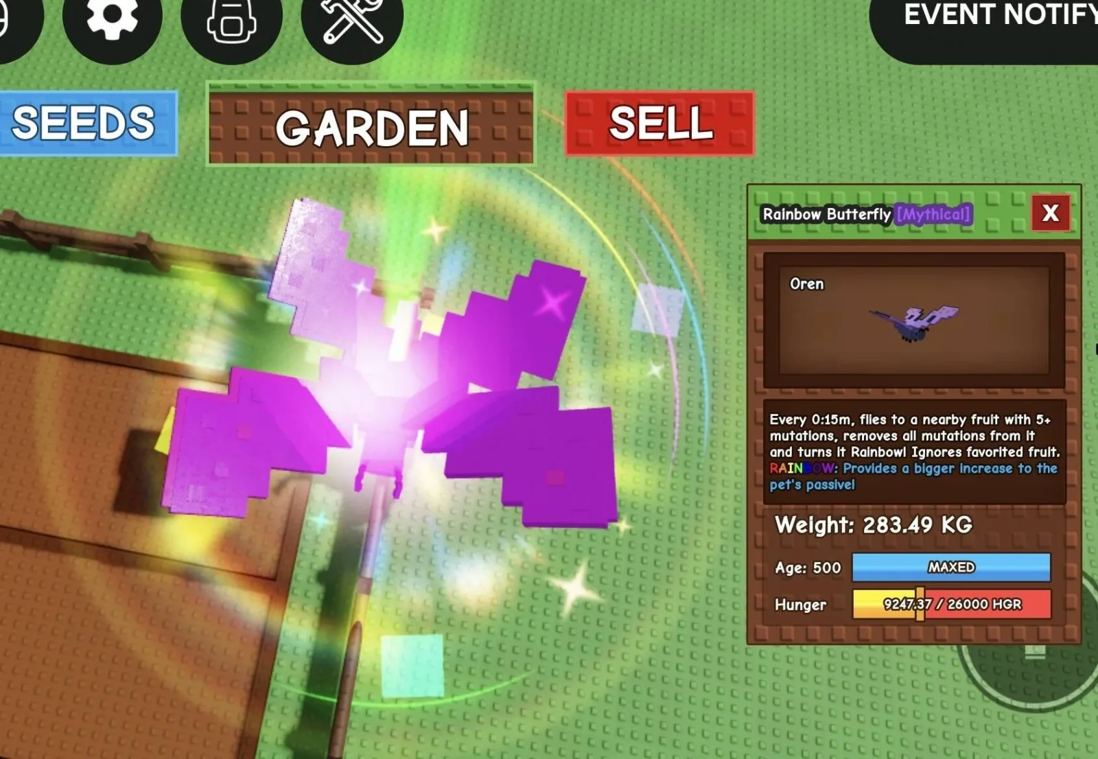Huge RAINBOW Butterfly - 283.49 KG (Age 500) 15s Cooldown