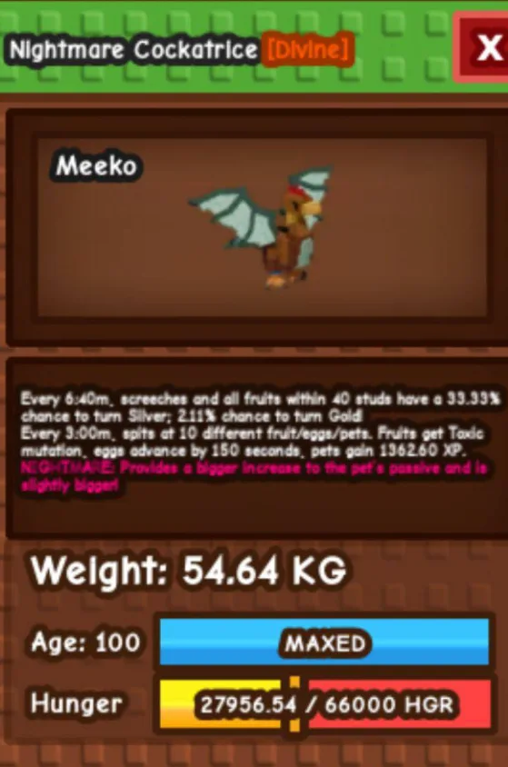 NIGHTMARE COCKATRICE 61KG FAST DELIVERY — Account account