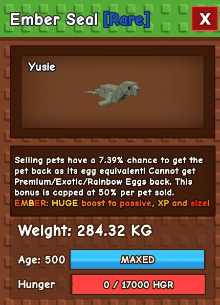 Ember Seal 280 KG Age 500 instant delivery titanic seal 280kg huge seal 280KG ember mutation seal pet
