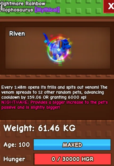 Nightmare Rainbow Dilo Dilophosaurus Hatched 61.46Kg 100Age Fast Delivery