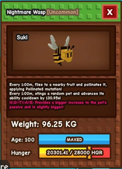 Titan Nightmare Wasp 90+ KG Cooldown : 1m Age: 100 (Maxed) Instant Delivery — Account account