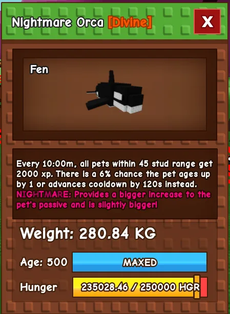 280 KG+ ORCA NIGHTMARE MAX PASSIVE MAX CAP MAX LEVEL AGE 500 HUGE TITANIC