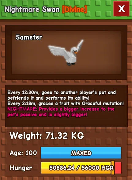 CHEAPEST 71kg Nightmare Swan level 100!! 12:30min max cooldown mimics other pets!