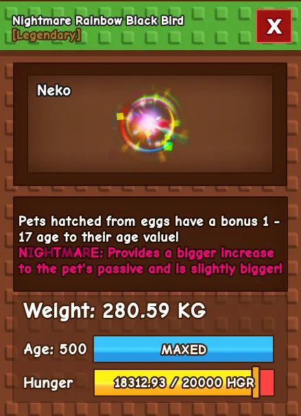 RAINBOW HATCH BLACK BIRD 280 KG++ RBH BLACK BIRD NIGHTMARE MUTATION MAX AGE LEVEL 500 TITANIC HUGE GODLY COLOSSAL
