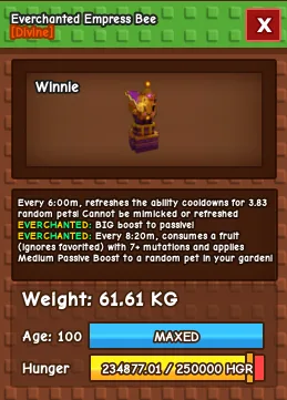 Huge Empress Bee 60-61kg Empress Bee with Everchanted Mutation. Refreshing 3 pets ability at once!
