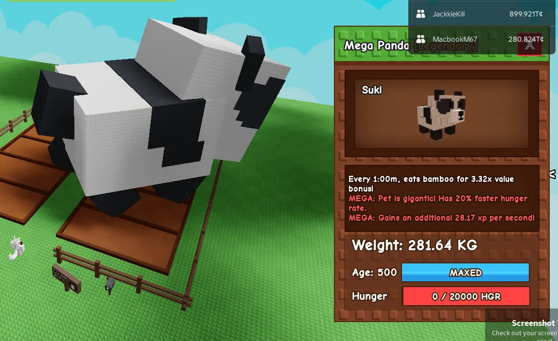 280KG+ Mega Panda Legendary // super handsome // Age 500 Maxed // 28.17 XP/s & 3.32x Bamboo Value//not diamond panther//i run out of tag others limi