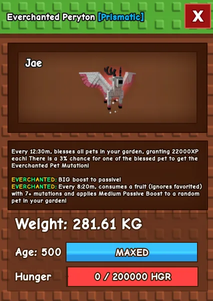 CHEAP Everchanted 281kg level 500 Peryton! Gives 22k xp and Everchanted pet mutation! Fast Delivery
