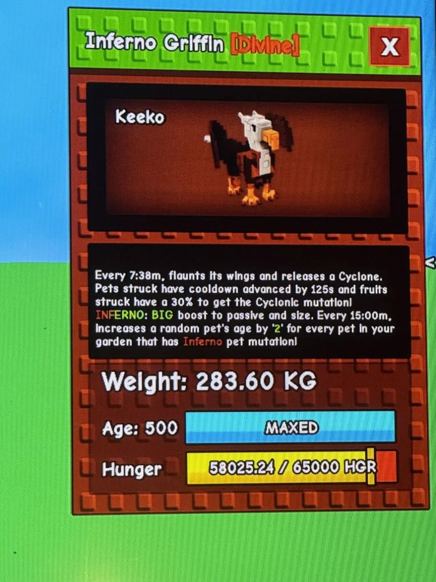 INFERNO GRIFFIN 283.60kg AGE 500 FAST AND EASY AMAZING TOP TEIR PET — Account account