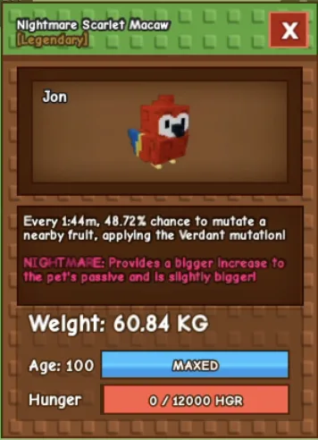 HUGE SCARLET MACAW 60 KG ++ NIGHTMARE MAX LEVEL 100 RBL Grow A Garden — Account account