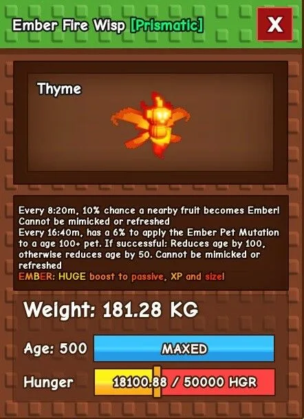 EMBER Fire Wisp 181.28kg Best Manual Mutation In The Game Titanic Huge Godly - Thyme (GP)
